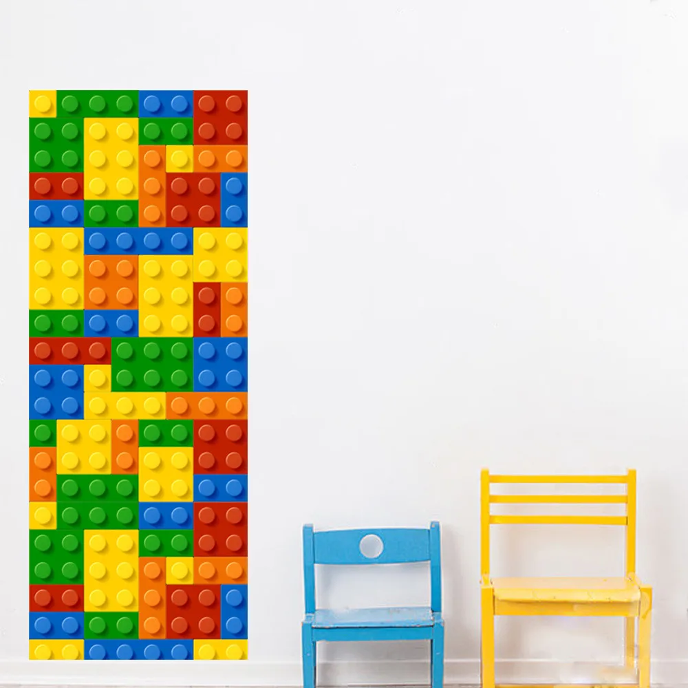 77*200 cm Budovy Modul Lego Nepremokavé PVC Samolepiace Dvere Nálepka, 3D DIY Dvere Nálepka Pre Spálne, Obývacia Izba Home Design