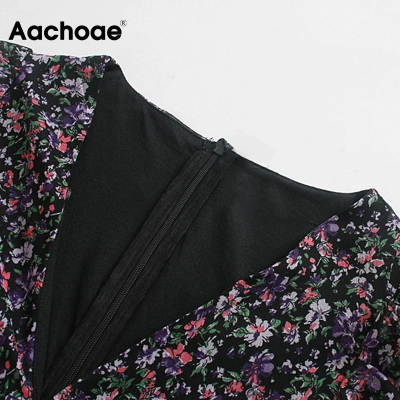 Aachoae Kvetinový Tlač Elegantné Šifón Skladaný Šaty Žien V Krku Boho Mini Šaty S Dlhým Rukávom Príležitostné Letné Šaty Vestidos Mujer