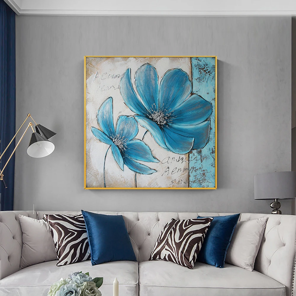 Abstrakt Hrubé Akrylové Maľby Modré Kvety, Olejomaľba Na Plátne, Ručne Pianted Maľovanie Na Obývacia Izba Domáce Dekorácie