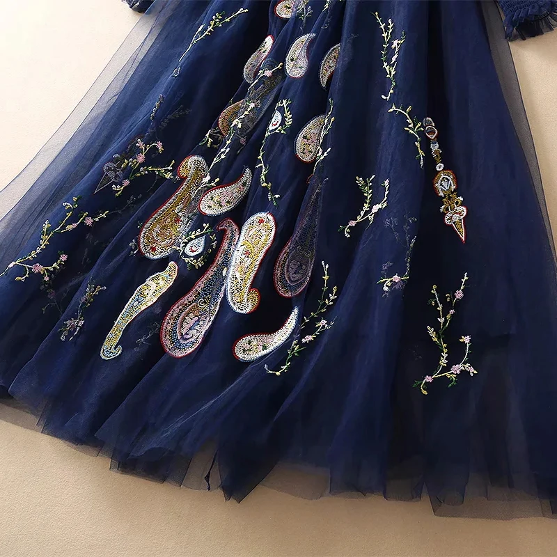 AELESEEN Luxusné Dizajnér Ženy Šaty 2021 Dráhy Móda Jar Nový Príchod Rozstrapatené Modrý Kvet Výšivky Dlhé Šaty