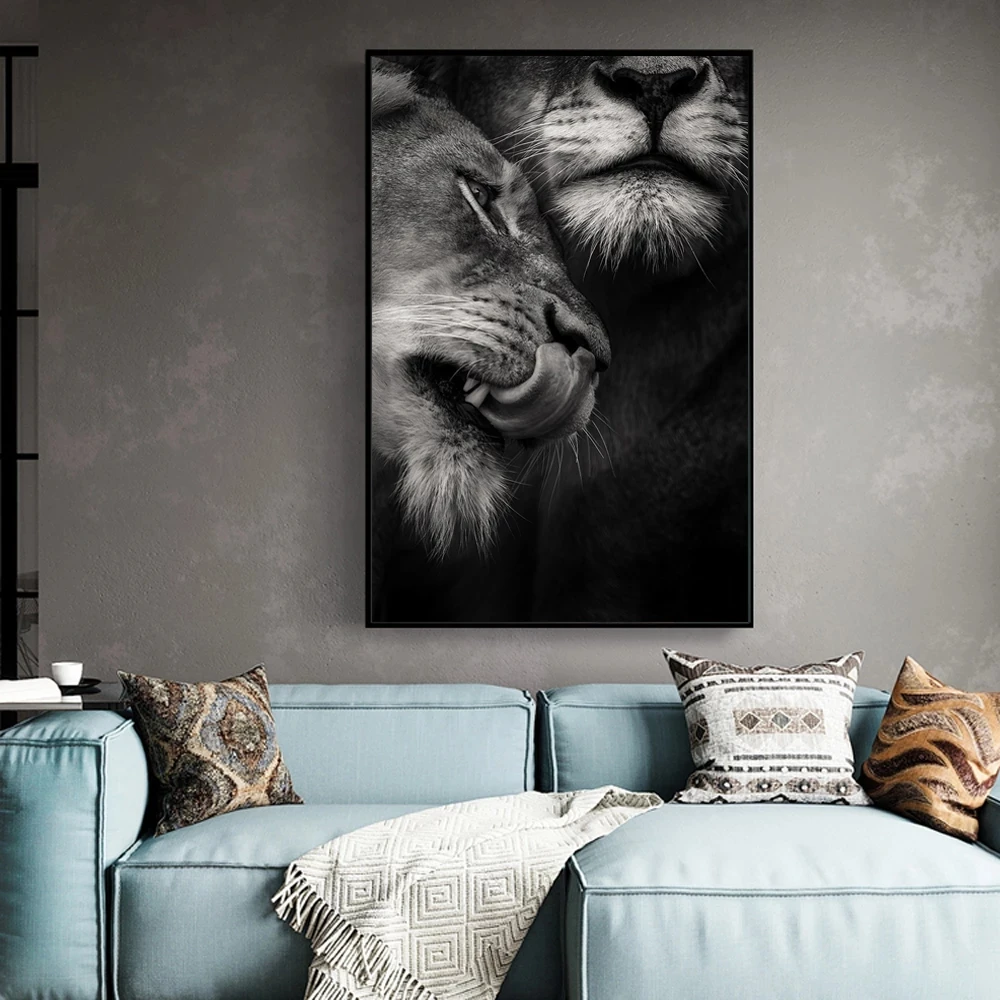 Africké Divokého Milenca Lions Plátno na Maľovanie Čiernej a Bielej Zvieratá Plagáty a Tlačí na Steny Umenie Fotografie pre Obývacia Izba Domova