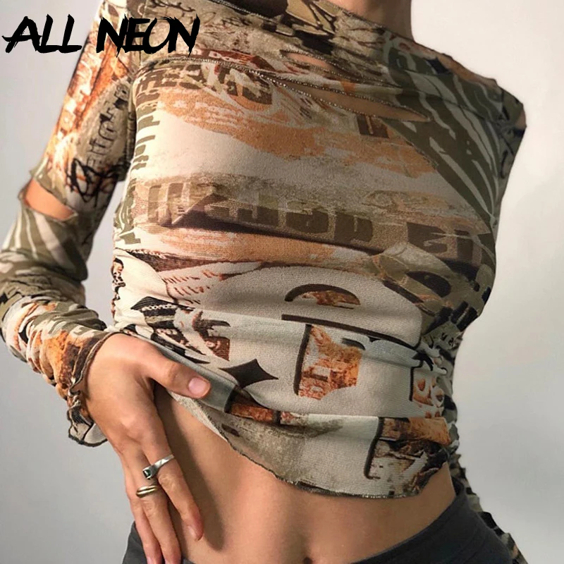 ALLNeon E-dievča Vintage Tlač Holloe Sa Dlhý Rukáv Plodín Topy Harajuku O-krku Ruched Slim T-shirts Jeseň Streetwear Y2K Tees