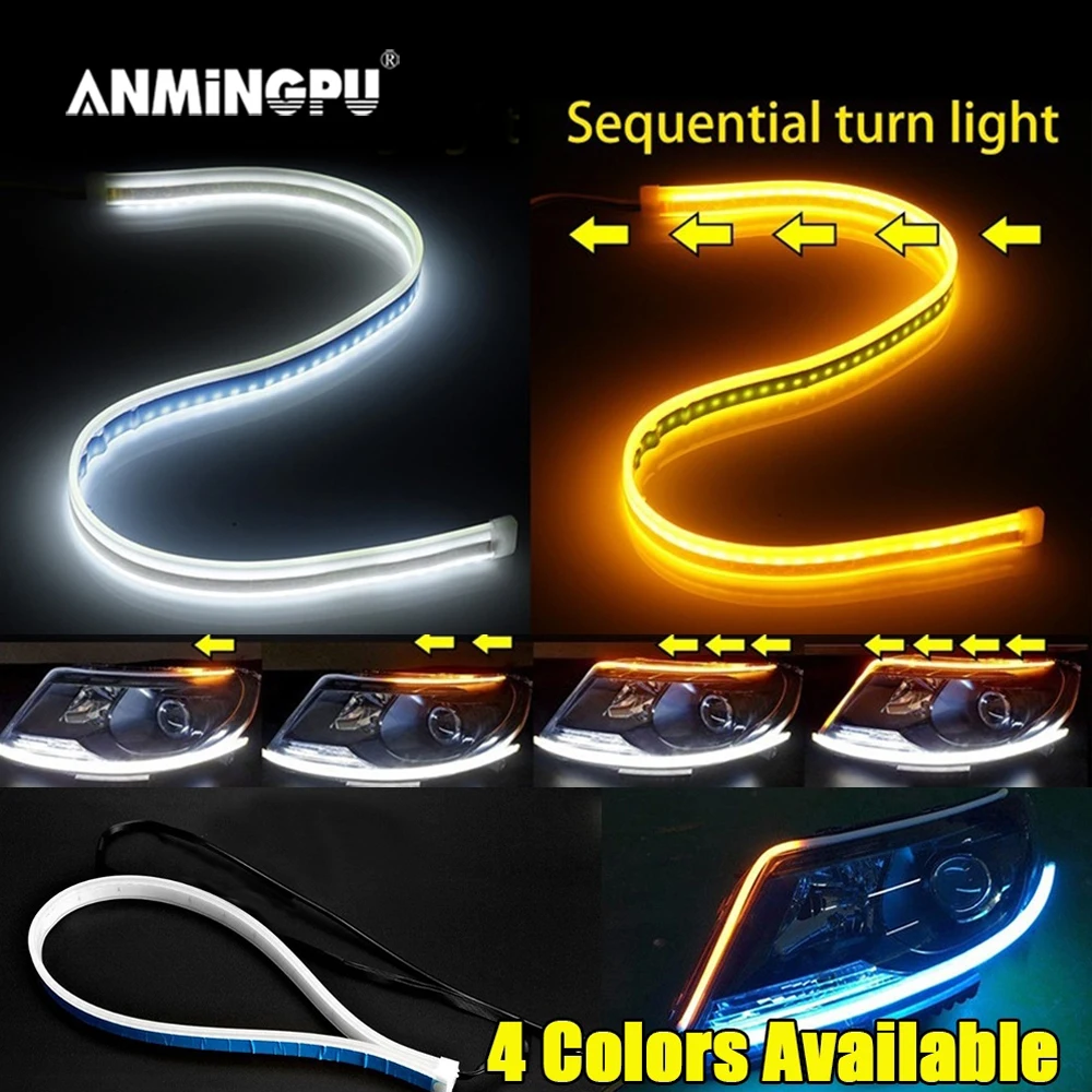 ANMINGPU 1pair Sekvenčné DRL LED Pásy Zase Signál Svetlo Žlté Svetlé Flexibilné Drl Led Denných prevádzkových Svetlo pre Automobilových Svetlometov