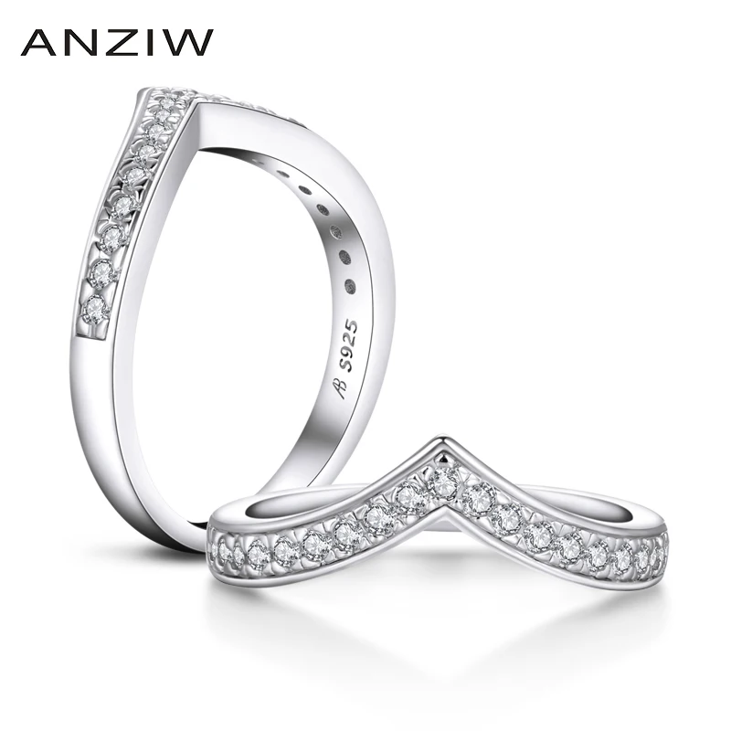 ANZIW 925 Sterling Silver Okrúhly Rez Svadobné Kapela pre Ženy Simulované Diamant V-Dizajn v tvare Výročie Snubné Prstene