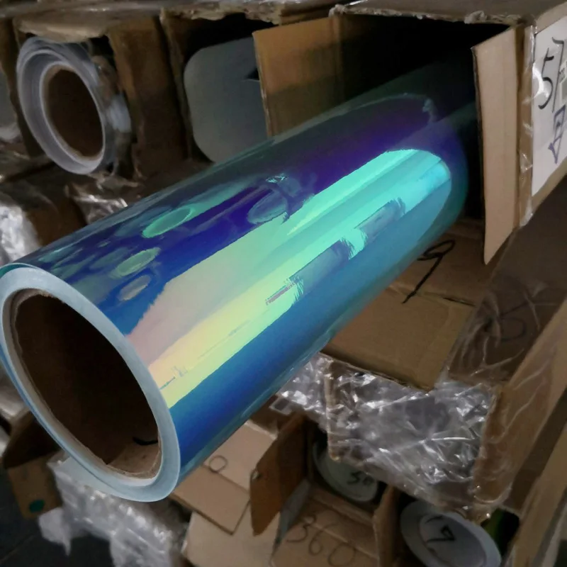 AuMoHall 1.35Mx18M Holografické Rainbow Chrome Fialové Modré Lesklé Auto Celé Telo Film Zmena Farby Vinyl Zábal Obtlačky Nálepky Roll