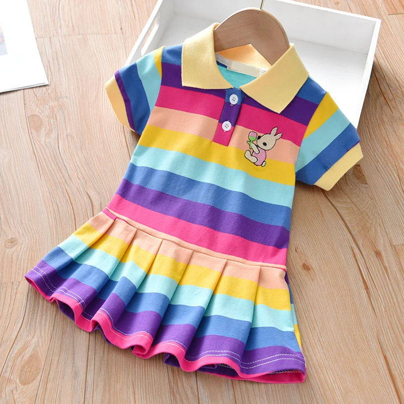 Baby Dievčatá Bunny Dekorácie Šaty Nové Dievčatko Rainbow Krátky Rukáv Princezná Dievčatá Bežné Šaty 2020