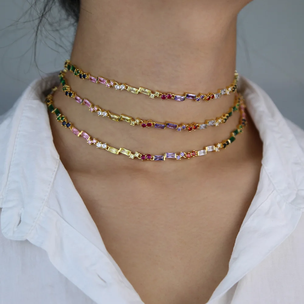 Bageta rainbow cz stanice reťazca choker náhrdelník upraviť veľkosť zlato farebné letné šperky