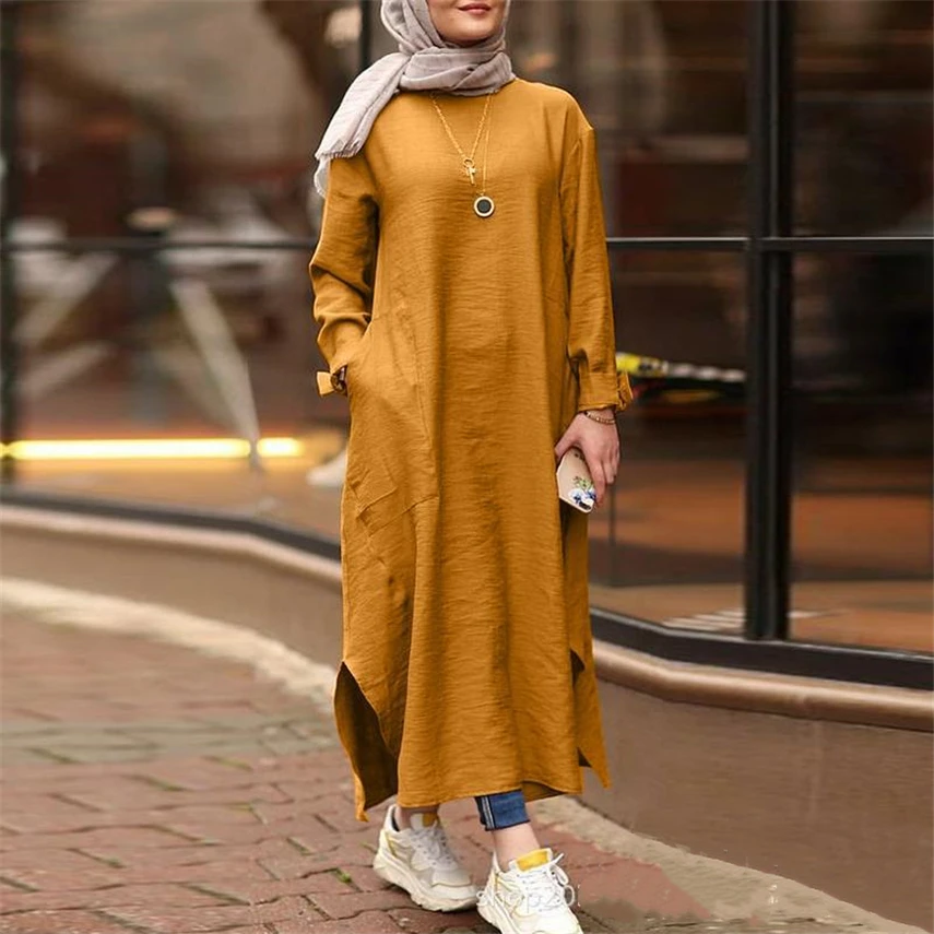 Bavlnená Posteľná Bielizeň Ženy Šaty Abaya Indické Šaty Na Blízkom Východe Turecka Kaftan Islamské Oblečenie Bežné Farbou Dlhé Šaty, Maxi Voľné