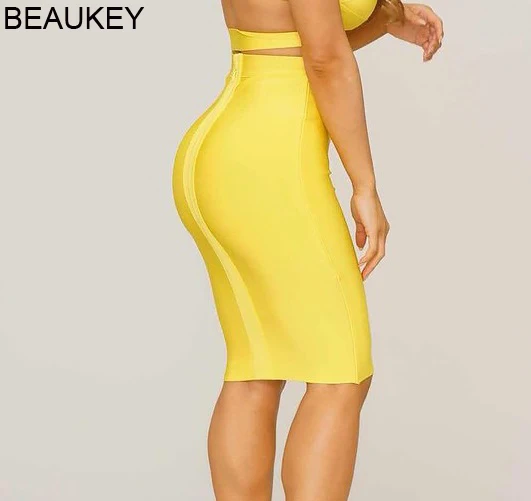 BEAUKEY Office Lady Žltá Ceruzka Obväz Sukne s Vysokým Pásom Plus Veľkosť XL Kolená Dĺžka Sukne Lacné, Veľkoobchod Bodycon Sukne Obväz