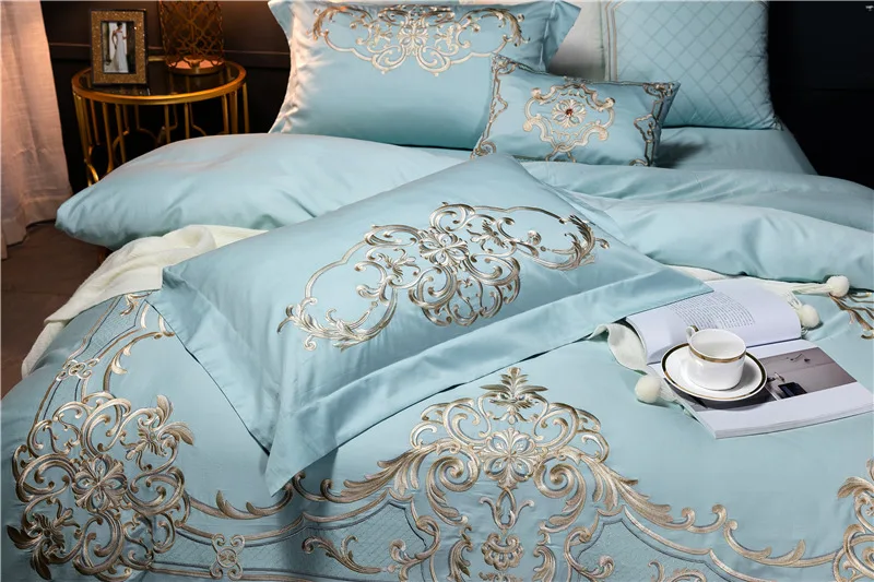Blue Luxusný Európsky Štýl Royal Výšivky 60-tych rokov, posteľná bielizeň z Egyptskej bavlny Nastaviť Perinu Posteľ list, Posteľná Bielizeň, obliečky na Vankúše 4/7pcs