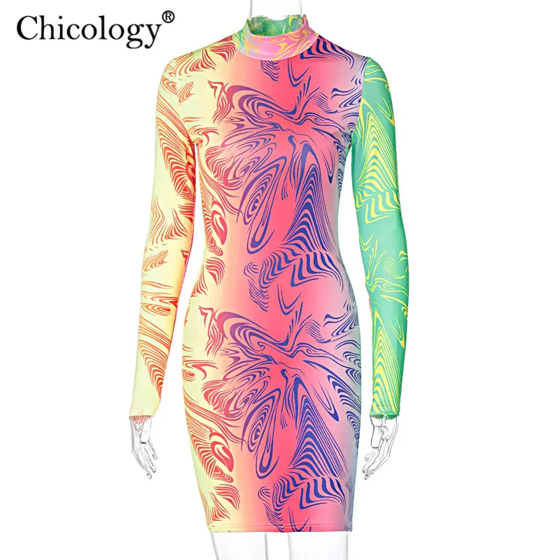 Chicology Geometrické Gradient Tlač Bodycon Mini Šaty 2020 Klesnúť Sexy Klub Party Oblečenie Žien Zimné Oblečenie, Streetwear Módy