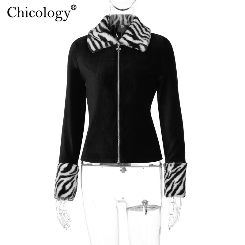 Chicology Patchwork Zebra-Fur Dlhý Rukáv Zip Až Bunda Zrastov Top Ženy 2020 Jeseň Zimné Oblečenie Kórejský Módne Kabát Streetwear