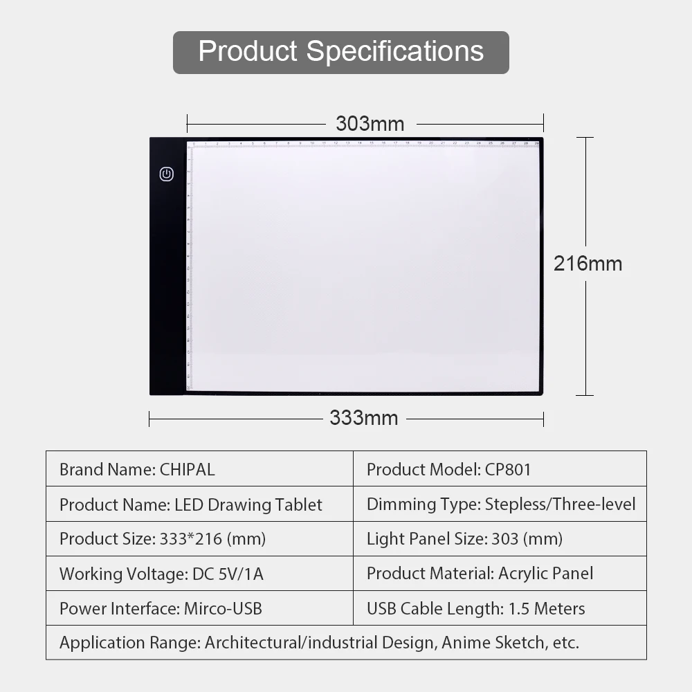 CHIPAL Rozsahu A4 Výkres Tablet Digitálne Pad LED Light Box Elektroniky USB Písanie Grafické Dosky 3-Plynulú úroveň Stmievania
