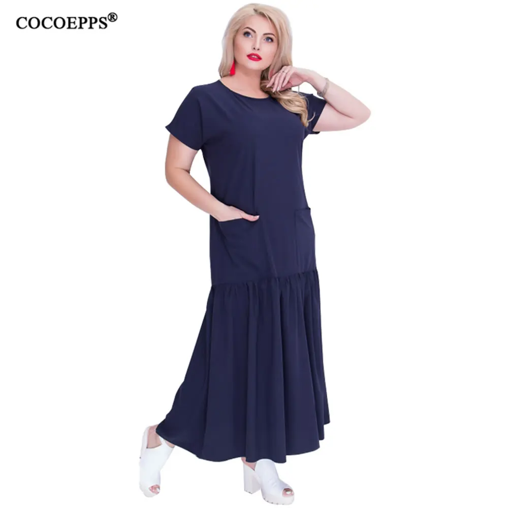 COCOEPPS 2019 Plus Veľkosť Lete Pevné Dlhé Šaty Pre Ženy, Veľká Veľkosť Patchwork S Vreckami O-krku Šaty Vintage Vestidos 6XL