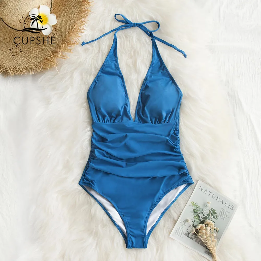 Cupshe Modrá Řasnice jednodielne Plavky Ženy Sexy plavky s uväzovaním za tvaru Obyčajný Monokiny 2021 Nové Letné Žena Pláži Nové Plavky