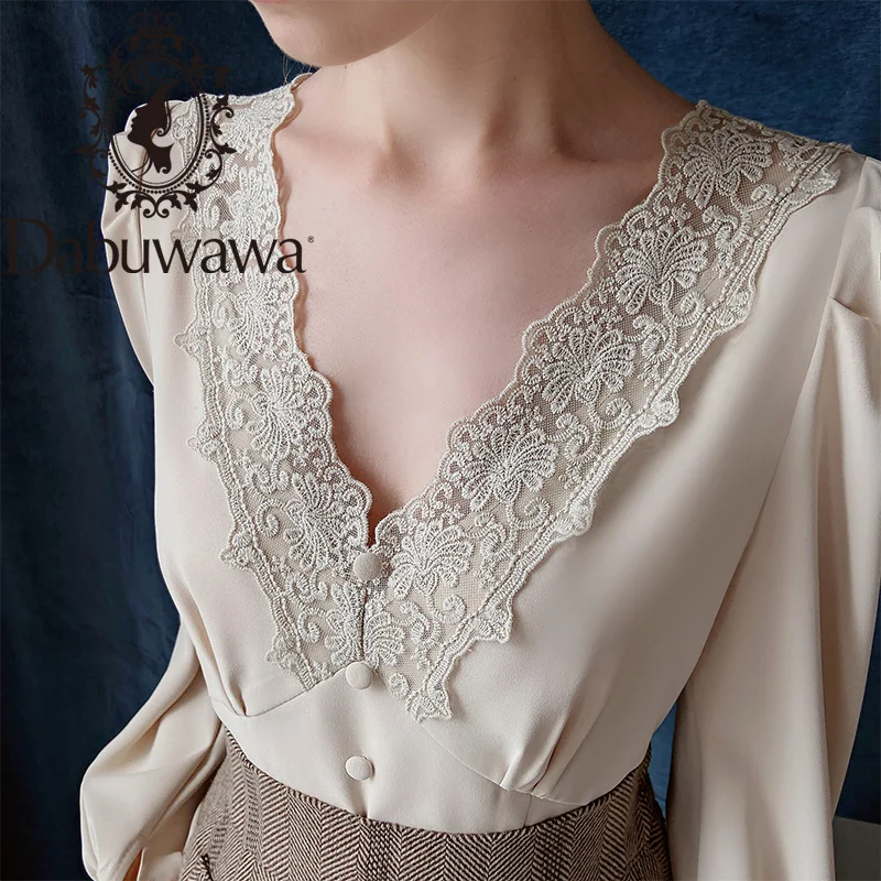 Dabuwawa Elegantnej Čipky tvaru Blúzka Ženy Dlho Svietidla Rukáv Singel svojim Vintage Pevné Tričká Topy Office Lady DT1CST029