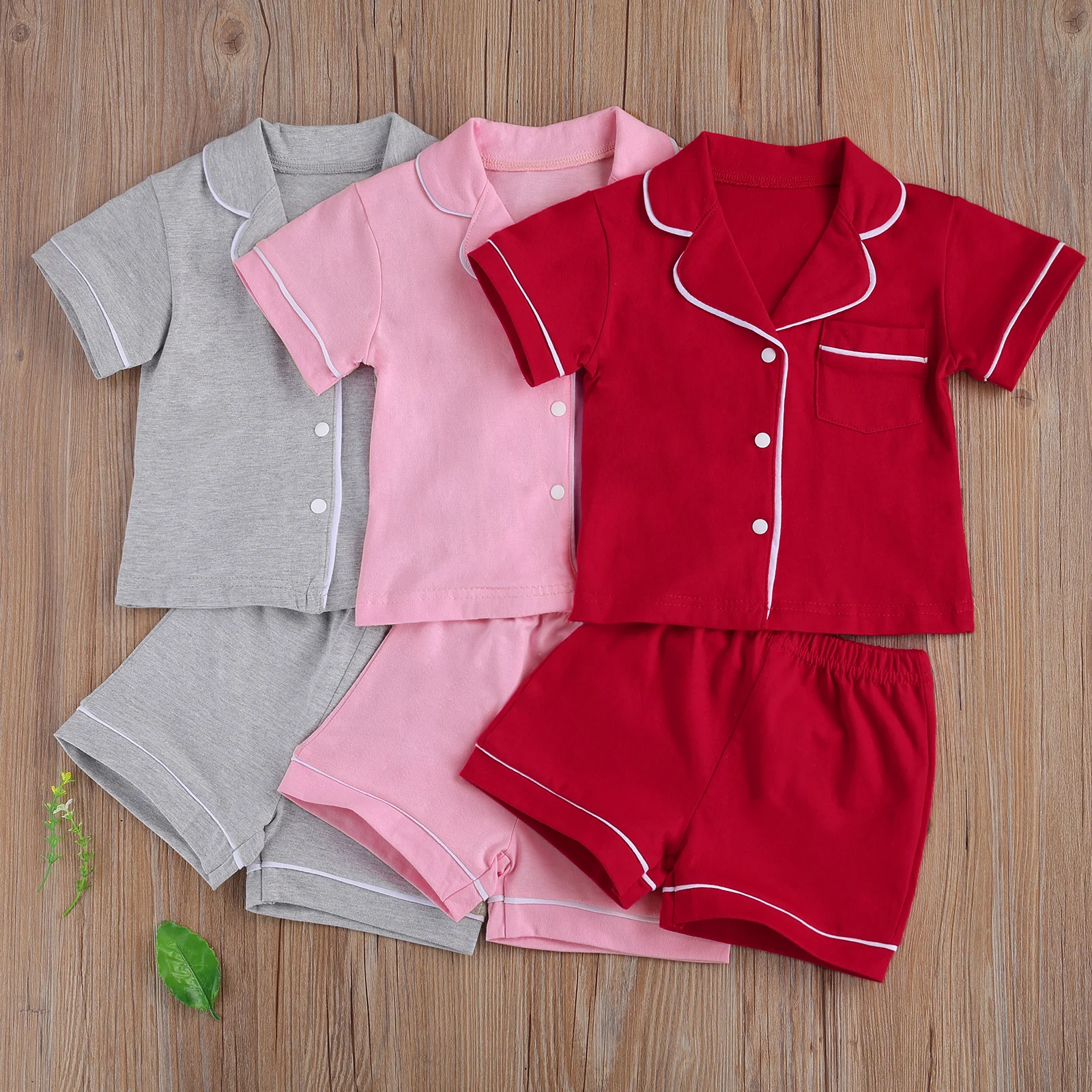 Deti, Chlapec a Dievča je 2-dielna Pajama Oblek, detské jednofarebné Krátky Rukáv Tlačidlo Top, Krátke Nohavice Sleepwear Súbor 1-7Y