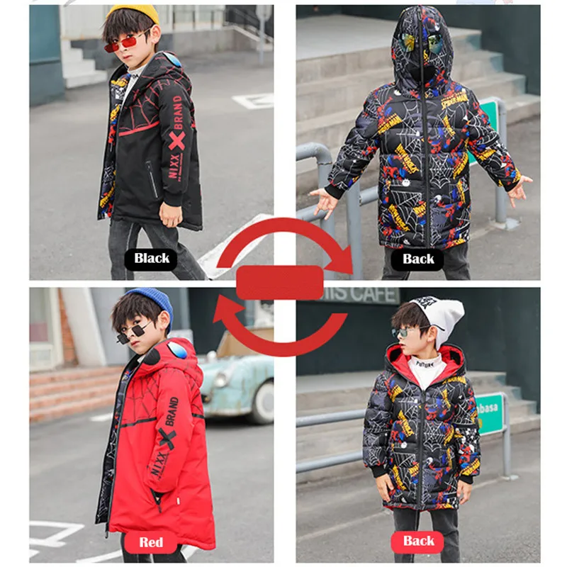 Deti nadol bunda, kabát módne spider-man s kapucňou hrubé dwon kabát pre 3-12years dieťa dievčatá chlapci Zimný kabát oblečenie vrchné oblečenie
