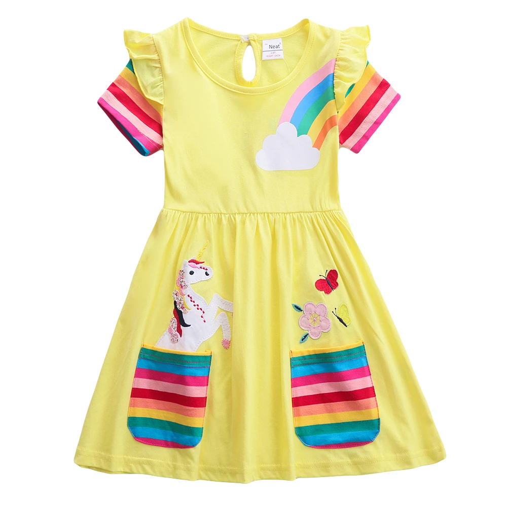Dievča krátky rukáv šaty jednorožec cartoon nové letné bavlnené šaty rainbow vrecku rukávy šaty, šaty pre dievčatá, krátky rukáv šaty