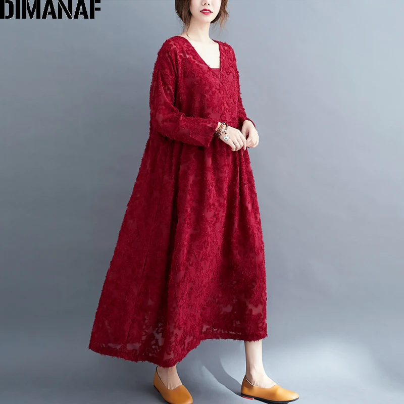 DIMANAF Plus Veľkosť Ženy Šaty Jeseň Oblečenie Elegantná Dáma Vestidos Vintage Žakárové Voľné Skladaný Dlhý Rukáv Šaty S Oknami