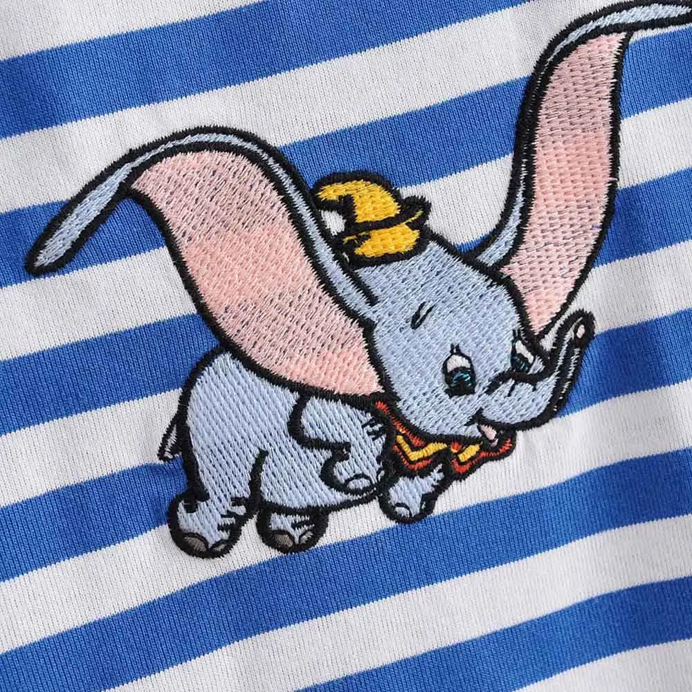 Disney Elegantný Módy Slon Dumbo Cartoon Tlač Vyšívanie O-Krku Pulóver S Krátkym Rukávom Ženy T-Shirt Voľné Pruhované Tričko Topy