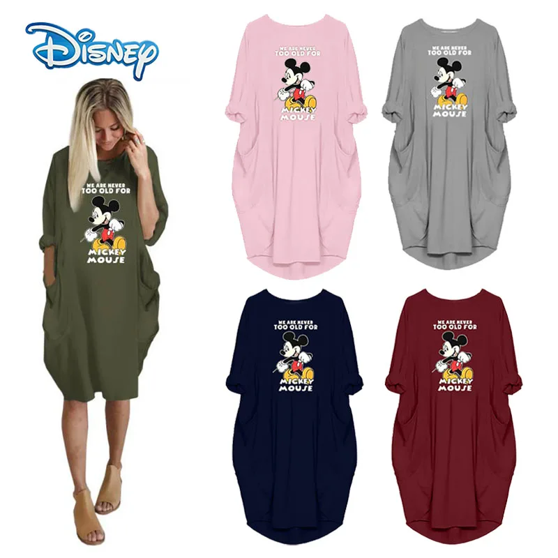 Disney Mickey Mouse Ženy Šaty 2020 Ženy Cartoon Vzor Bežné List O-Krku Šaty podkolienok Ženy Lete Plus vestido