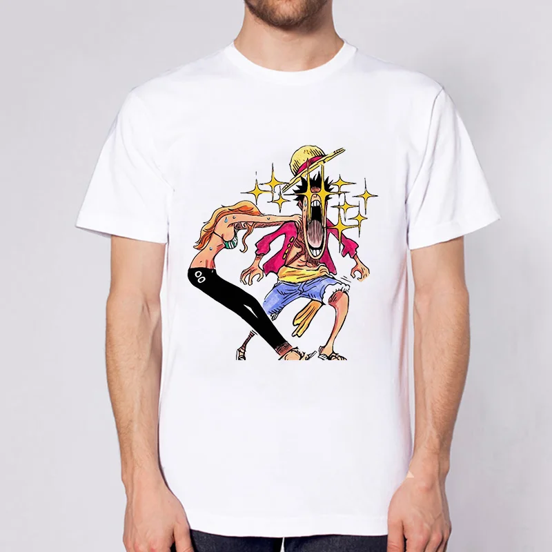 Dlrn Jeden Kus pánske T-shirts Lete Krátky Rukáv Bežné Biele Tričko Opice·D·Luff Japonské Anime Vytlačený Obrázok Tees Muž