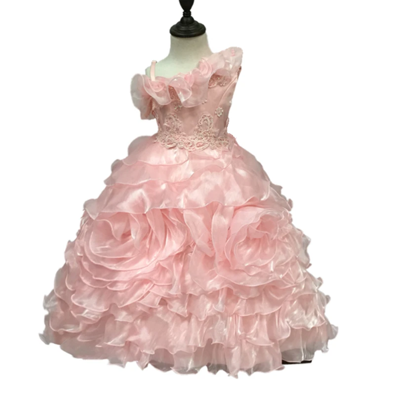 Doprava Zadarmo Princezná 4-6 Rokov Dieťaťa Party Šaty 2019 Nový Príchod Deti Večerné Šaty S Čipkou Appliques Pink Girl Dress Organza