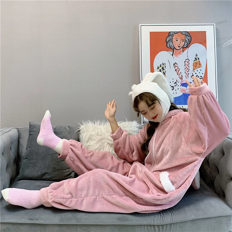 Dospelých Zvierat Kawaii Ružové Pyžamo Sleepwear Žena Pyžamo Anime, Komiksu, Zimné Kombinézy Králik Nightie Kombinézach