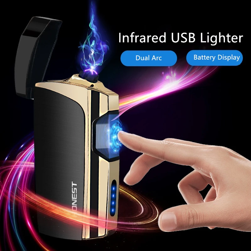 Dotyk dvojoblúk Elektronické Ľahšie Zelený Laser Vetru Kovové Ľahšie USB Nabíjateľné Cigaretový Zapaľovač Elektronických prístrojov