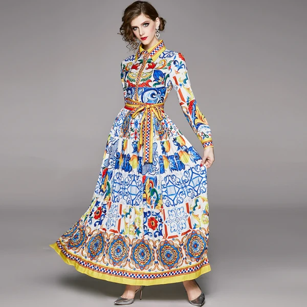 Dráhy Dizajnér Skladaný Maxi Šaty 2020 Ženy Modré a Biele Porcelánové Tlač Luk Krku Vintage Dĺžka Podlahy Dlho Party Šaty
