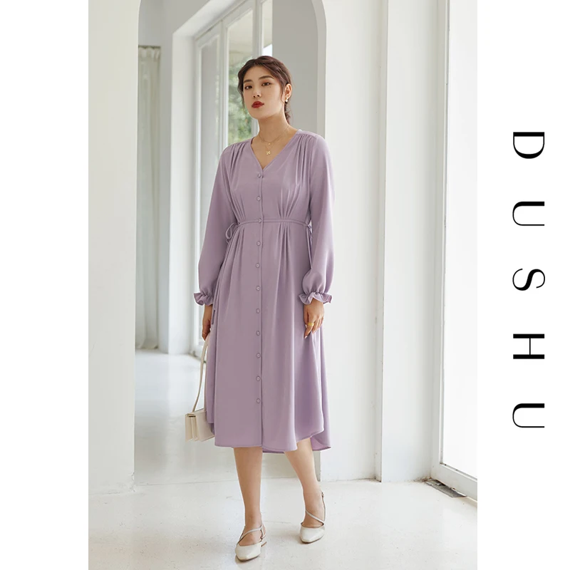 DUSHU V krku svetlice rukáv dlhý šifón šaty Žien obväz slim purpel elegantné šaty Plus veľkosť žena jeseň office šaty 2020