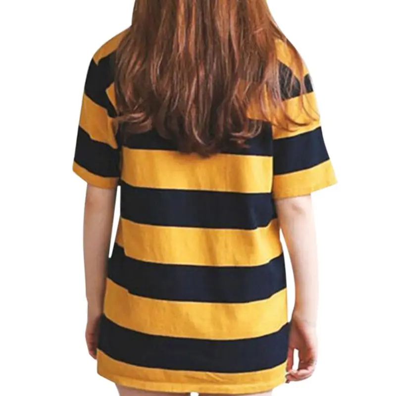 Dámske Letné Tričko Poleras Mujer Žlté a Čierne Pruhované Golier Kola Krku Uvoľnite Polovičný Rukáv T-Shirt Bežné Topy