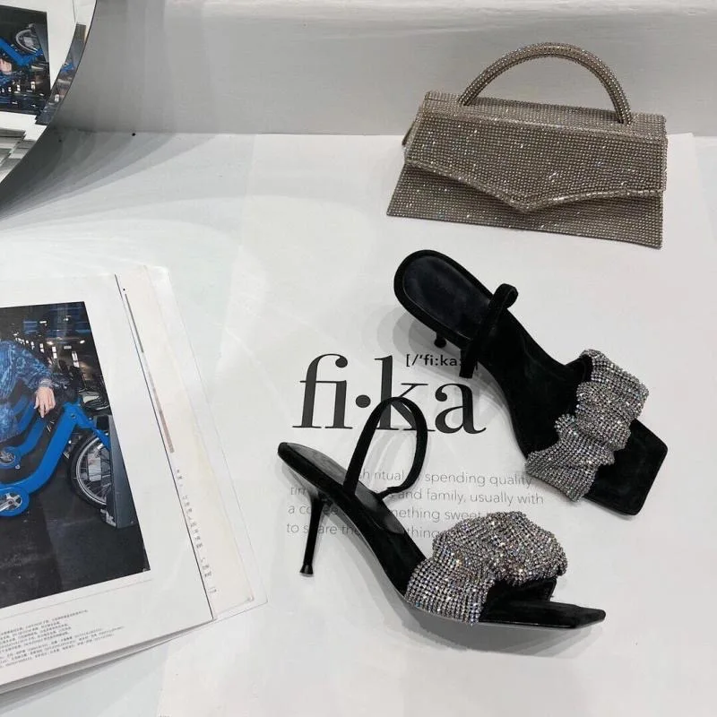 Dámske topánky na jar 2021 nový crystal vysoké podpätky s štvorcové prst drahokamu sandále duté stiletto ženy, vysoké podpätky