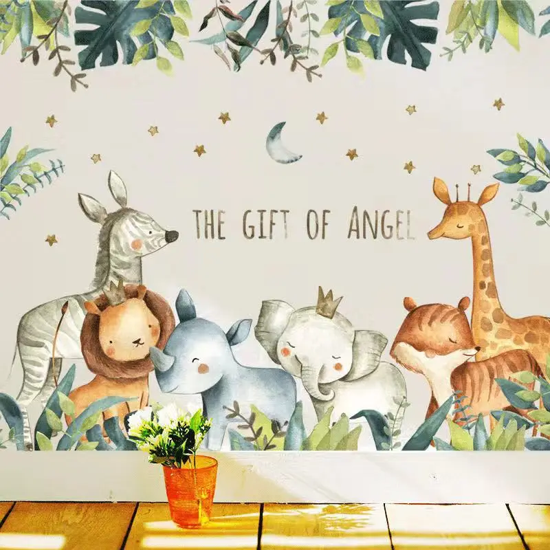 Džungle lesa samolepky na Stenu s roztomilý zvieratá, štýl maľby na obývacia izba, detská izba steny výzdoba, detské steny výzdoba, dar mura