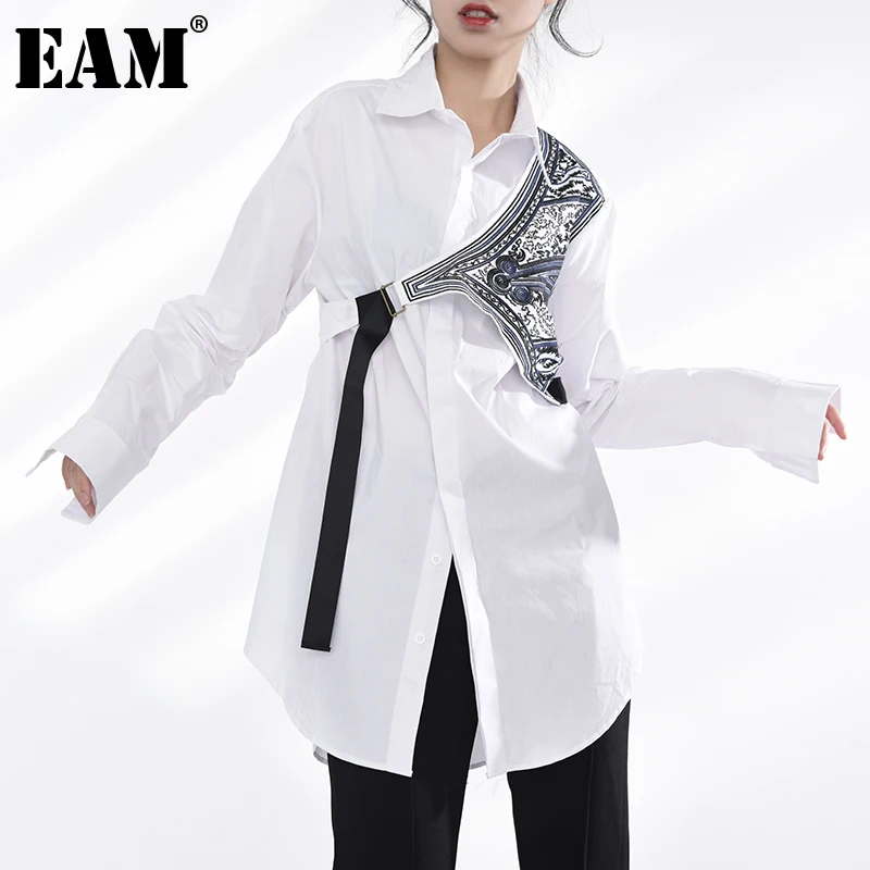 [EAM] Ženy Vzor Vytlačené Biela Veľká Veľkosť Šaty Nové Klope Dlhý Rukáv Loose Fit Módne Príliv Jar Jeseň 2021 1DA29900