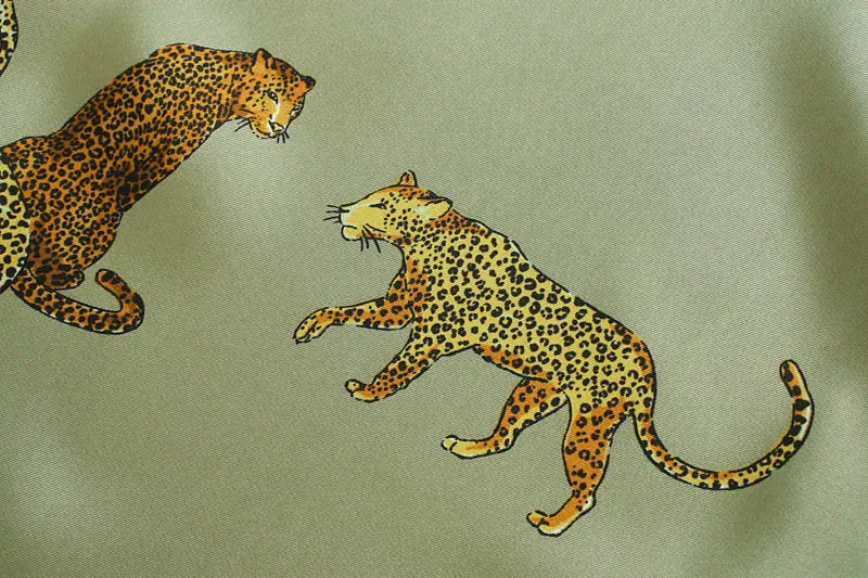 Elegantné Leopard Zviera Tlače Tričko Ženy Zelená Dlhý Rukáv Voľné Tlačidlo Hodvábna Blúzka Módne Dámske Košele Tunika Plus Veľkosť