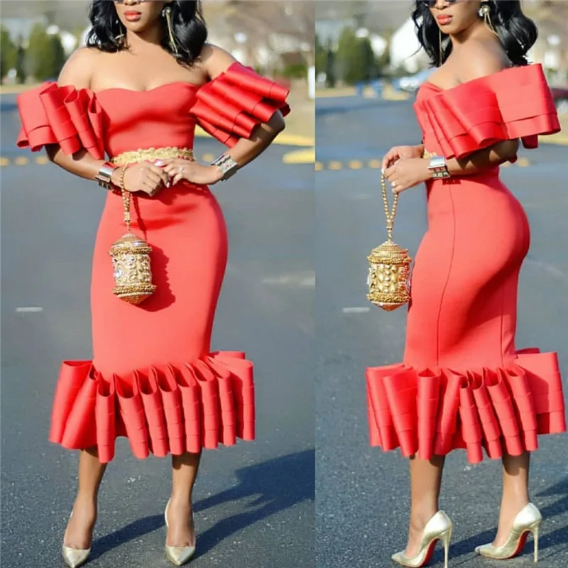 Elegantné Mimo Rameno Dlhé Strany Žien Africký Štýl Bud Dizajn Lete Slim Bodycon Sexy Šaty Club Femme
