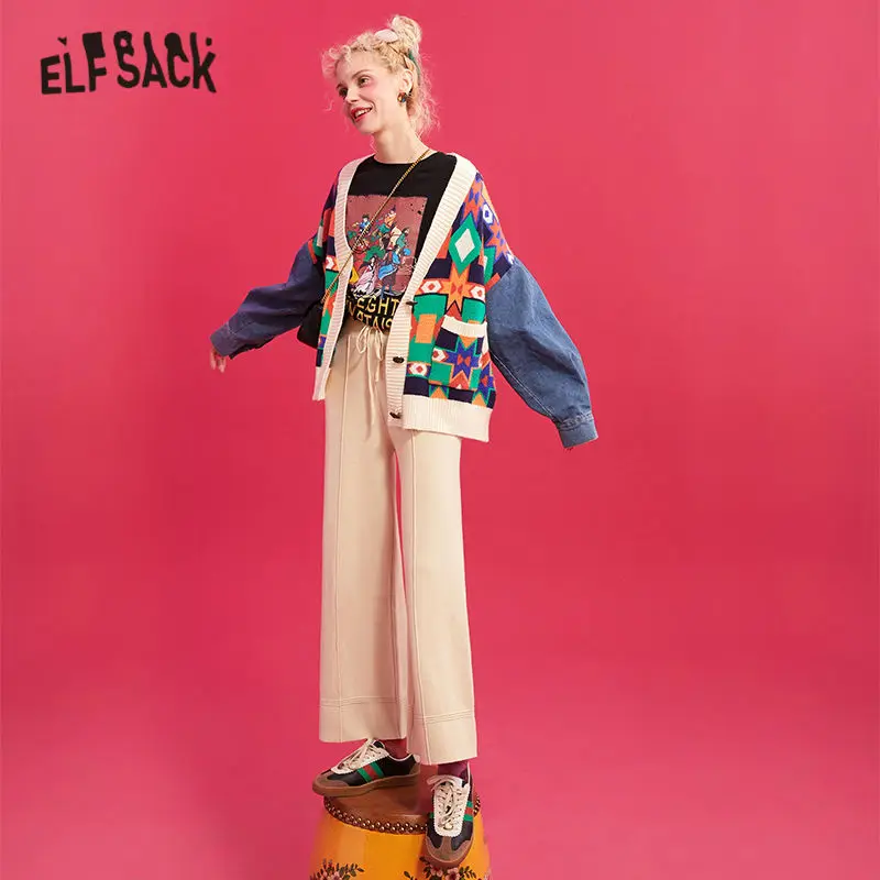 ELFSACK Black Pevné, Vysoko Elastický Pás Voľné Bežné Ženy Širokú Nohu, Nohavice 2020 Lete ELF Minimalistický kórejský Dámy Základné Dno