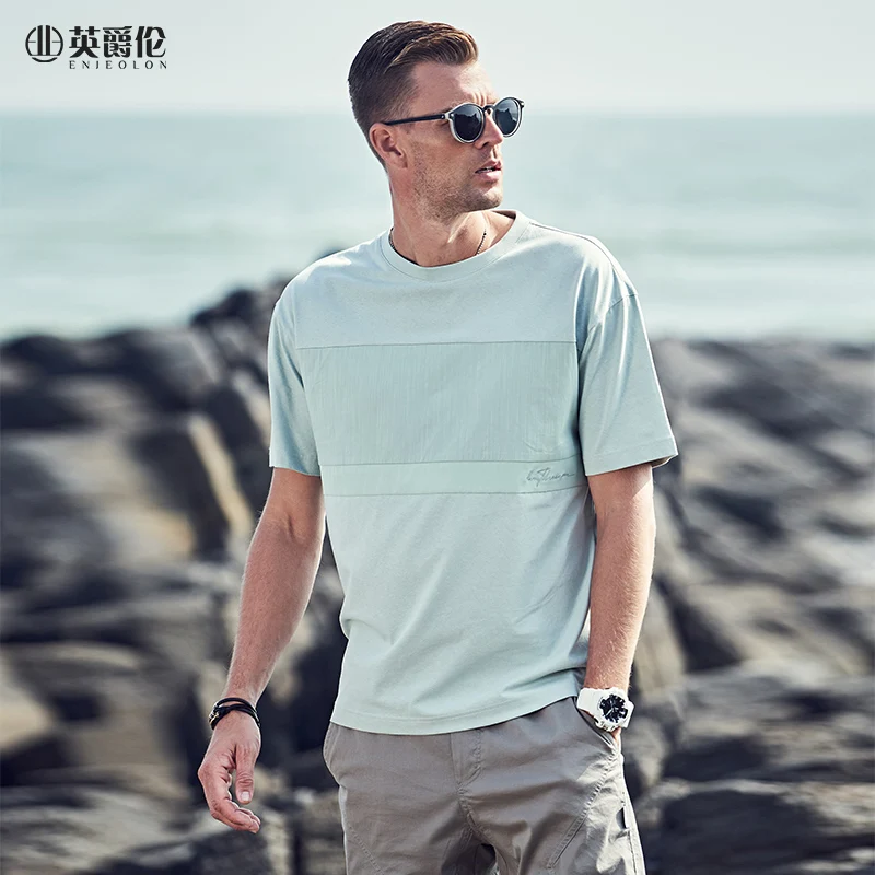 Enjeolon Módny trend pánske tričko bavlna o-krku bežné tričko muž vysokej kvality topy tee T3714