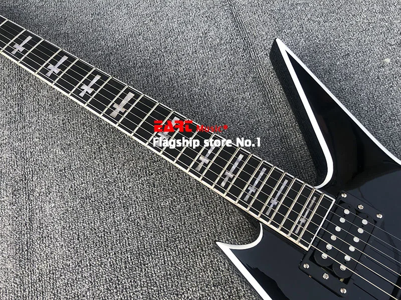 Factory Outlet 6 string tvarované elektrická gitara, čierna farba, biele čiary, ružové drevo hmatníkom, poštovné