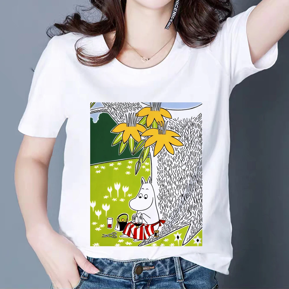 Femme kórejský Štýl Móde Nádherné Tričko T-shirt Zábavné tričká Lumbálna Grafický Hornej Tee Ženy Harajuku Moomins Vestidos Tričko
