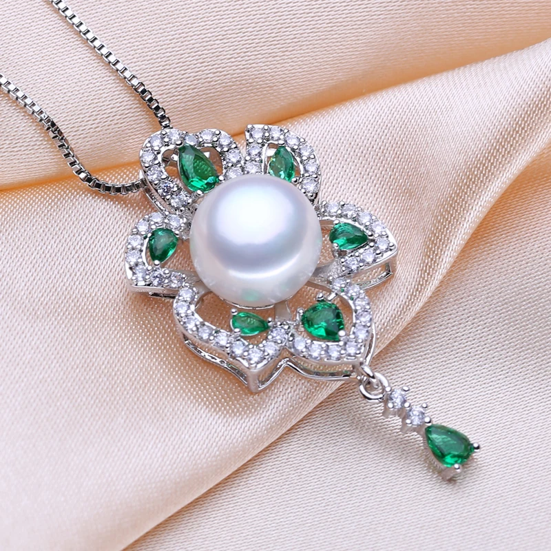 FENASY 925 Sterling Silver Šperky Sady Prírodné Pearl Náušnice Pre Ženy České Emerald Veľký Prívesok, Náhrdelníky, Krúžky Zelená