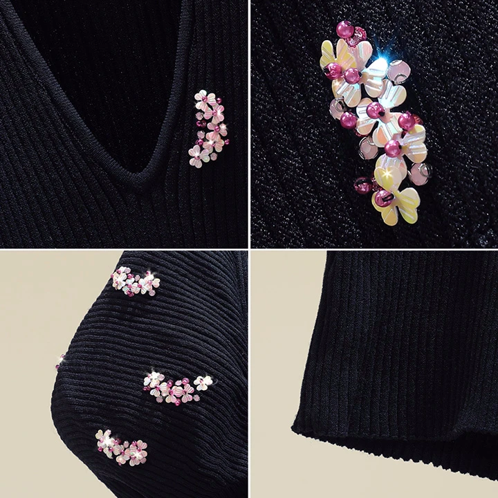 Flitrami lištovanie kvetinový v-krku pletený sveter ženy 2020 v lete a na jeseň kórejský tenký Pulóver tenké Lístkového rukáv, čierna plodín topy