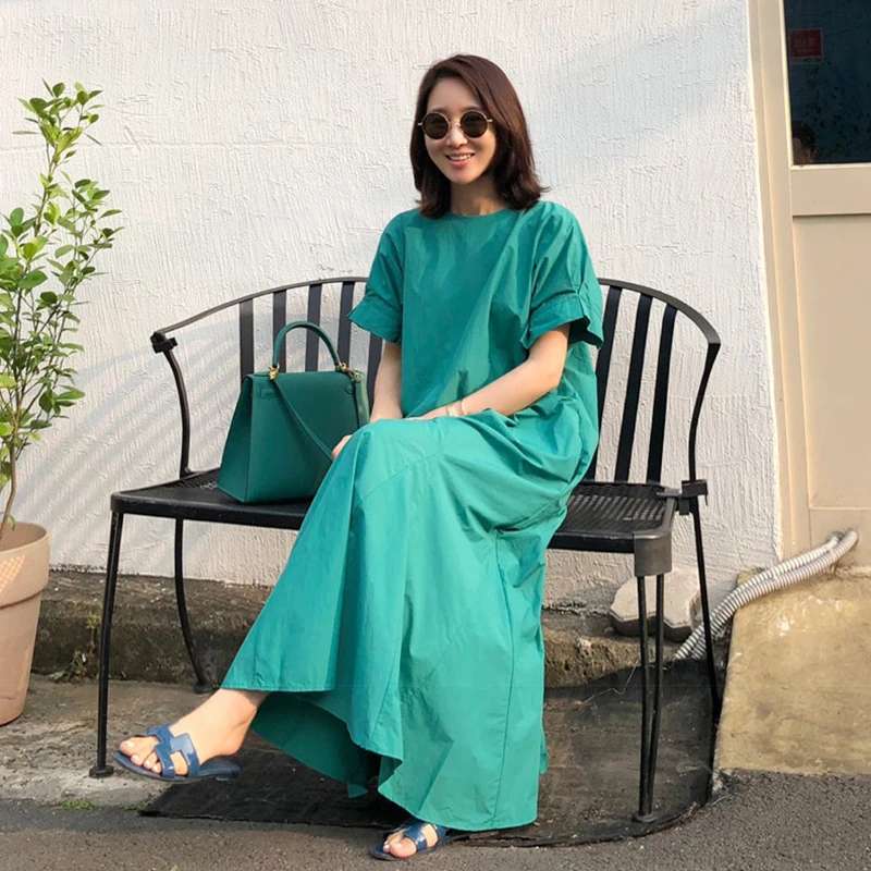 GALCAUR kórejský Elegantný Štýl Šaty Pre Ženy O Krk Krátky Rukáv Nadrozmerná Voľné Bežné Maxi Trúby Šaty Ženské Oblečenie Nového roku 2020