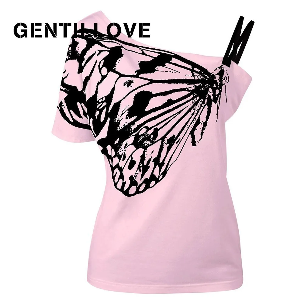 Gentillove Bežné Tričko 2019 Letná Tunika Ženy Motýľ Vytlačené Blúzky Popruh Plus Veľkosť Krátke Mimo Rameno Hore Blusas
