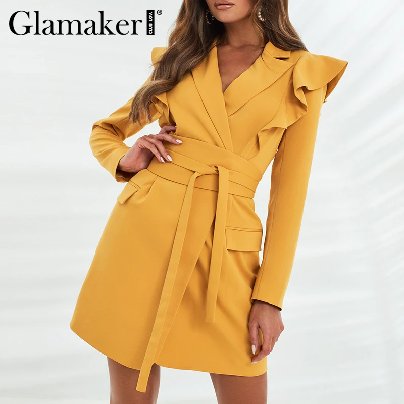 Glamaker Žltá dlhý rukáv elegantné sako šaty Žena volánikmi obväz krátke šaty Bodycon zimné jeseň strany klubu šaty