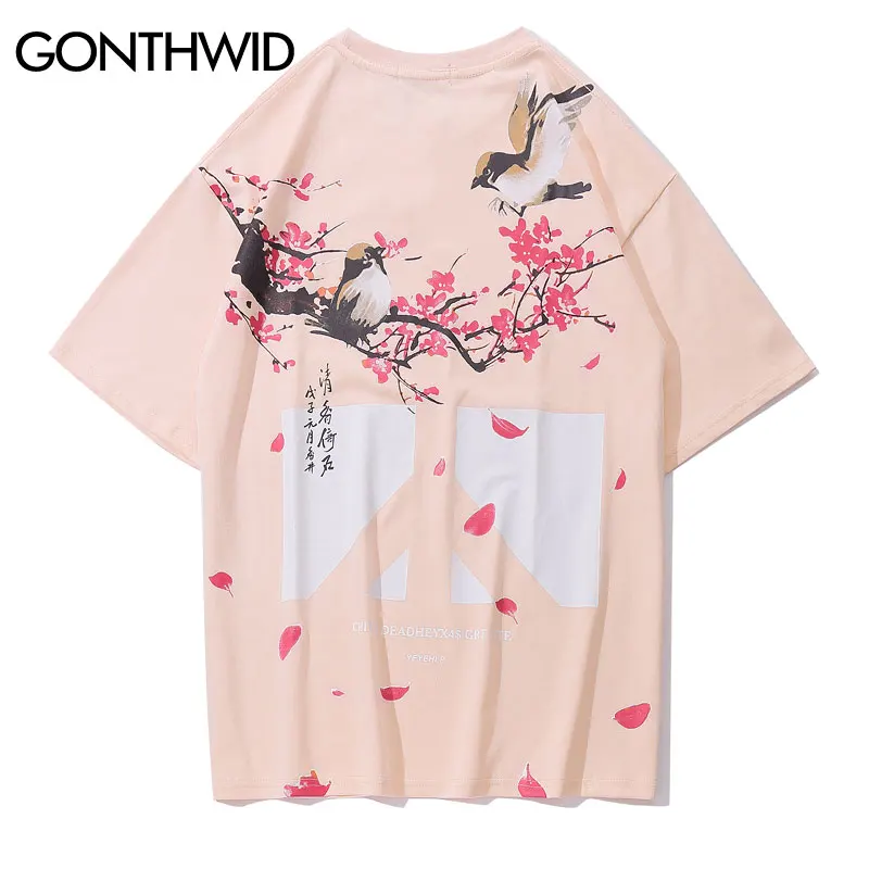 GONTHWID Čínskych Kvetov, Vtákov Anti-Vojny Tlač Tshirts Streetwear 2020 Mužov Hip Hop Bežné Krátke Tričká Topy Male Móda