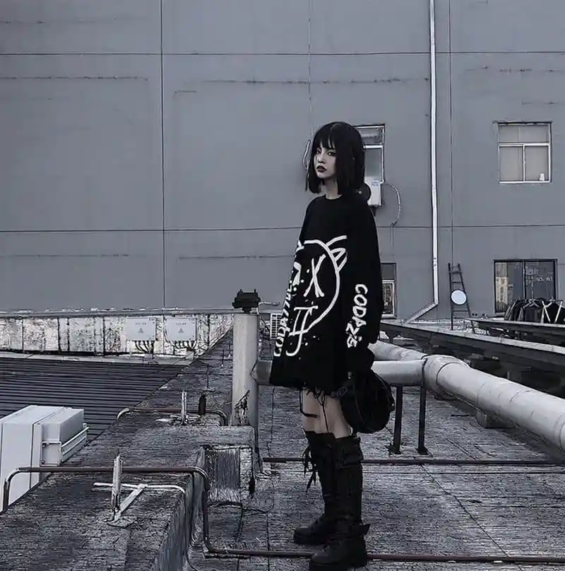 Gotický mikina Ženy kórejský príliš dlhý rukáv t shirt hip hop, punk streetwear dievčatá tees Black Voľné Dlhý Rukáv T Shirt