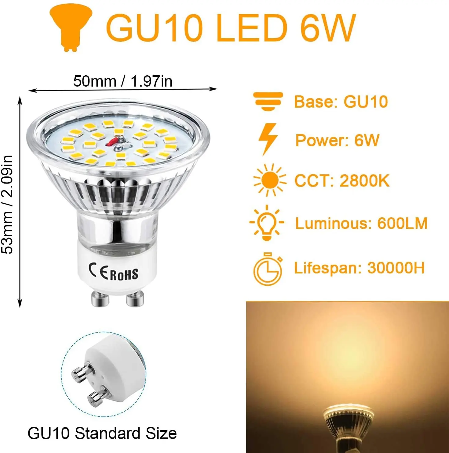 GU10 LED Žiarovka Osvetľovacie Halogénová Žiarovka 6W Ekvivalent 60W Zapustené bodové svetlo Svetla Denné svetlo Biele 6000K 480 Lúmenov 5Packs